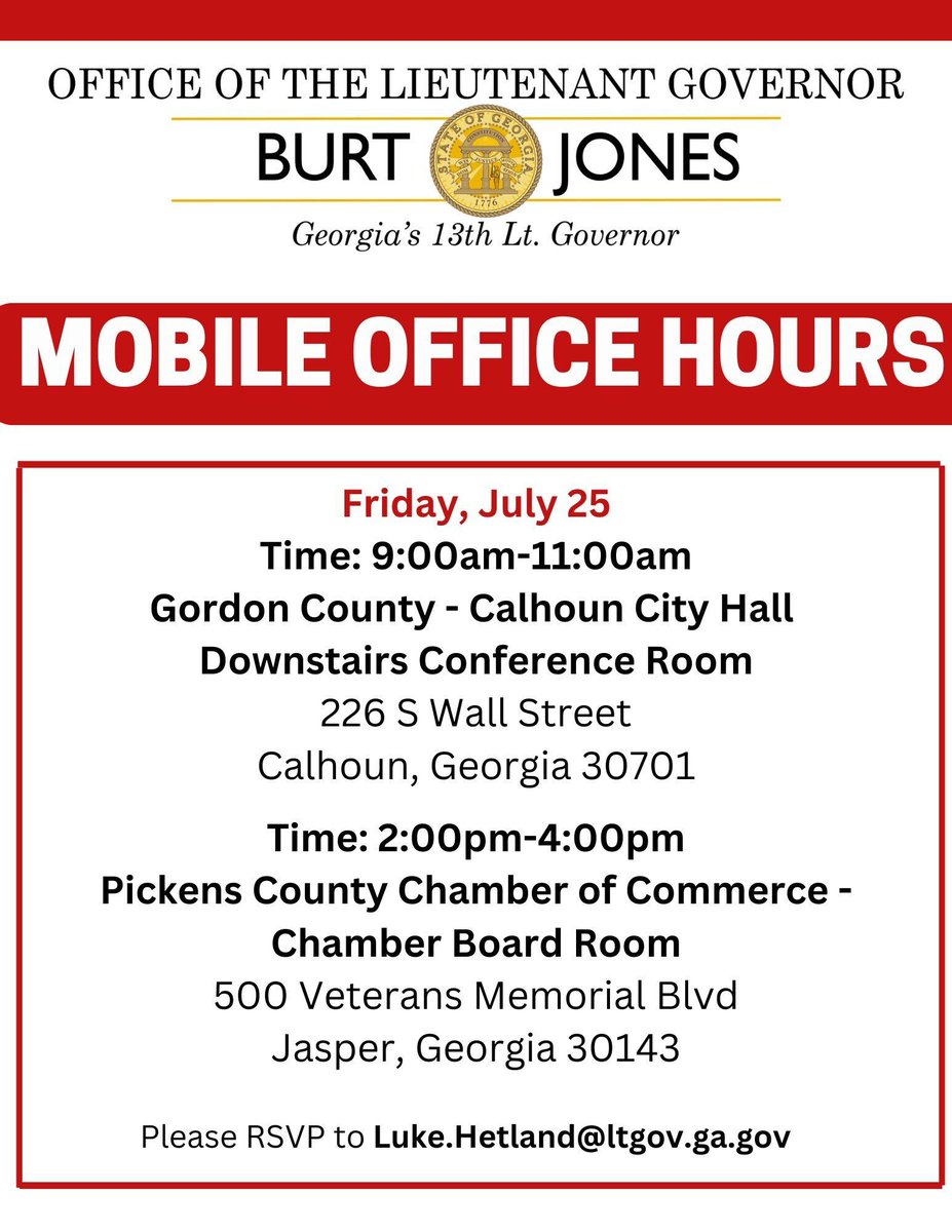 LtGovJonesGA's tweet image. Mobile Office Hours update! My team will be in Gordon and Pickens counties next Friday, July 25th. Stop by, discuss the important issues, and let us know how we can help. #gapol