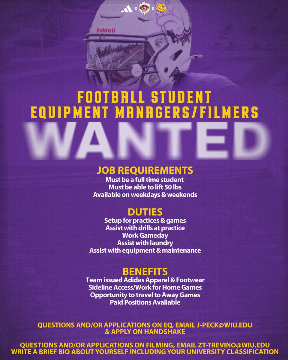 WIUFootball's tweet image. Looking for full-time WIU students to join our EQ/Film team this fall! 🙌🏼

Questions and/or applications on EQ email J-Peck@wiu.edu, and apply on handshake: shorturl.at/wnH9o. 

Questions and/or applications on Filming email ZT-Trevino@wiu.edu.

#GoNecks