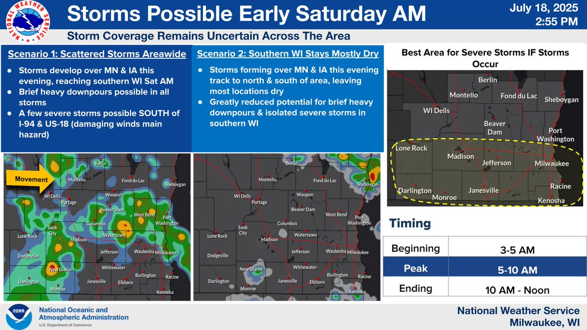 NWSMilwaukee's tweet image. 2 rounds of storms are possible late tonight through Saturday afternoon. A few strong to severe storms can't be ruled out, with gusty winds and hail being the main concerns. Brief heavy downpours are possible in all storms. Keep up with the forecast through tomorrow! #wiwx