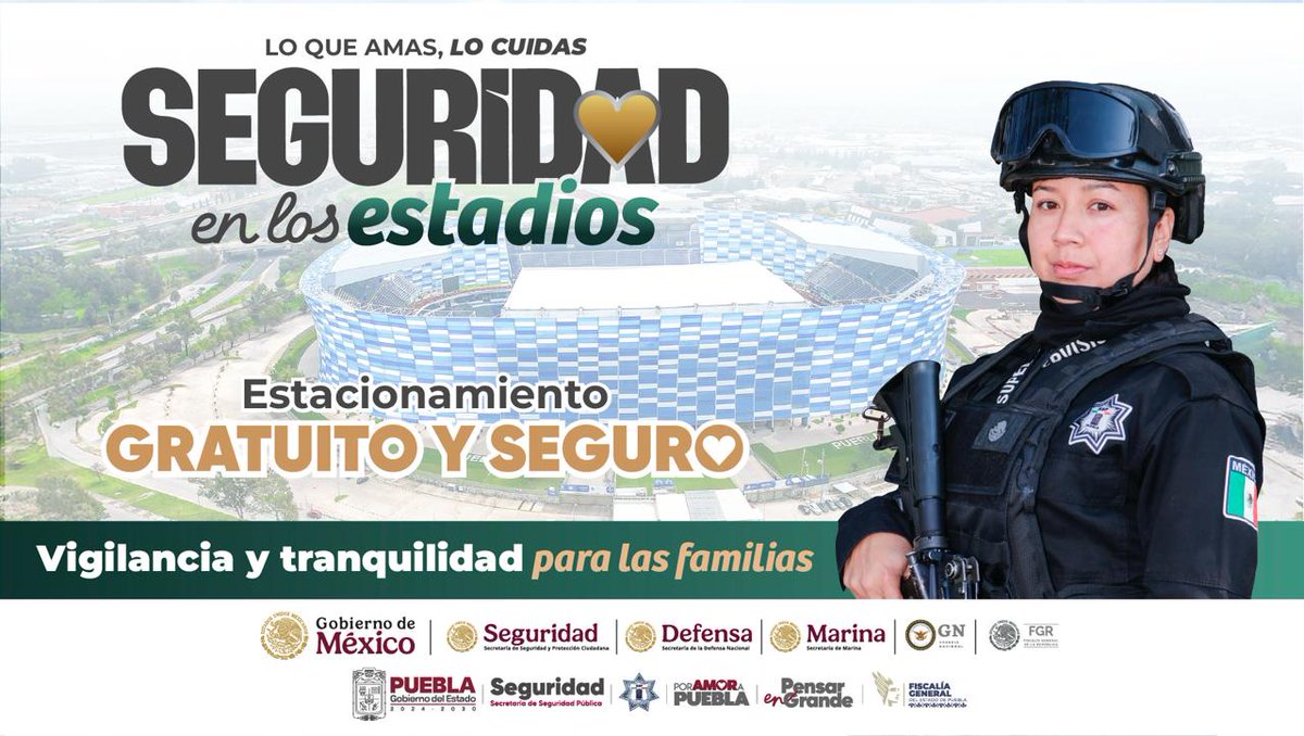 La seguridad empieza desde que llega.
Con estacionamiento sin costo y vigilancia constante, su familia está protegida.
En Puebla, #LoQueAmasLoCuidas
#SeguridadEnLosEstadios
<a href="/Gob_Puebla/">Gobierno de Puebla</a>