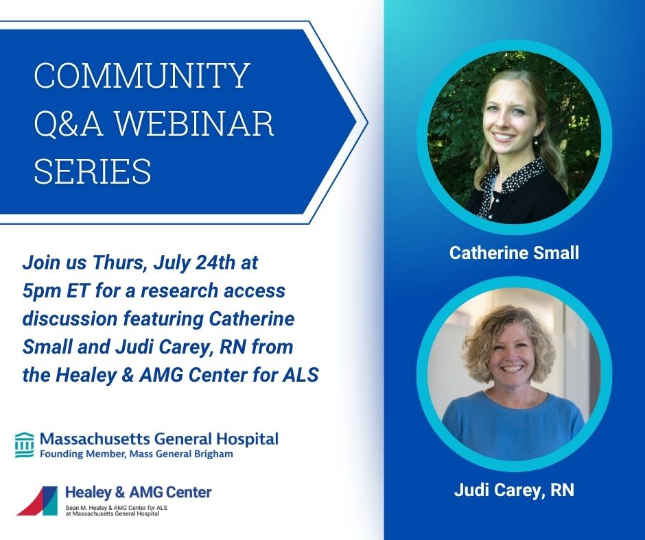 MGHNeurology's tweet image. Please join us on Thursday, 7/24, at 5:00 pm ET for a research access discussion and Q&A session with Catherine Small and Judi Carey, RN from the Healey & AMG Center for ALS. #ALSResearch
Register:
mgb-org.zoom.us/webinar/regist…