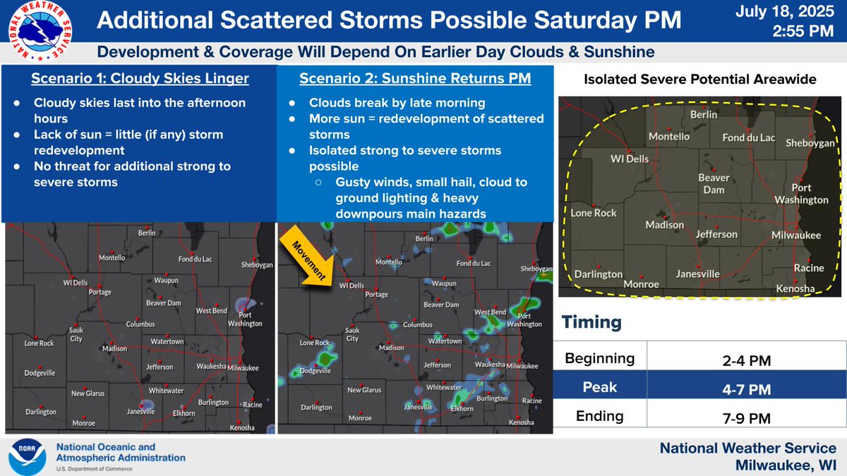 NWSMilwaukee's tweet image. 2 rounds of storms are possible late tonight through Saturday afternoon. A few strong to severe storms can't be ruled out, with gusty winds and hail being the main concerns. Brief heavy downpours are possible in all storms. Keep up with the forecast through tomorrow! #wiwx