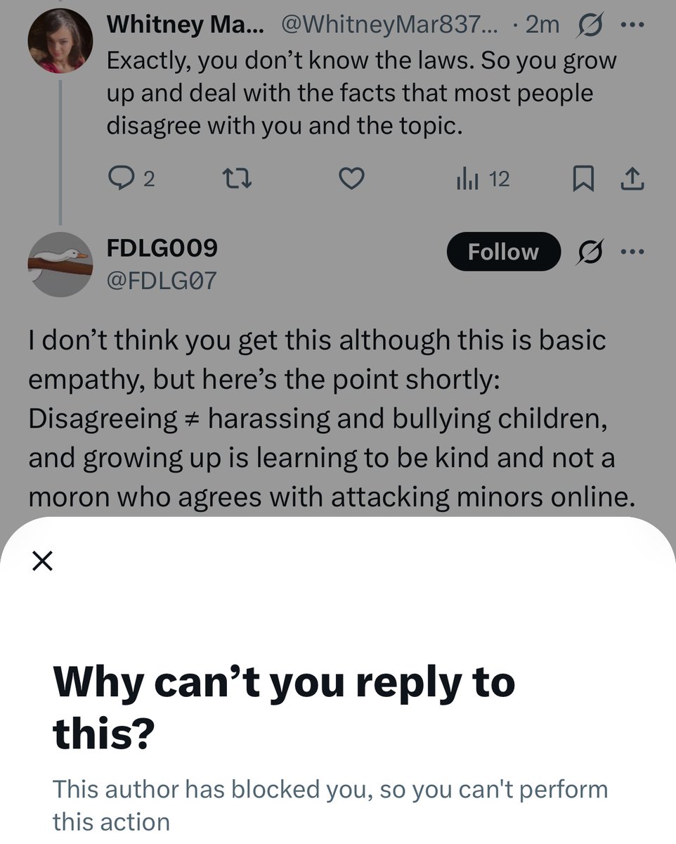 WhitneyMar83707's tweet image. Typical for someone who is losing the argument, they pull the blocked move. @FDLG07