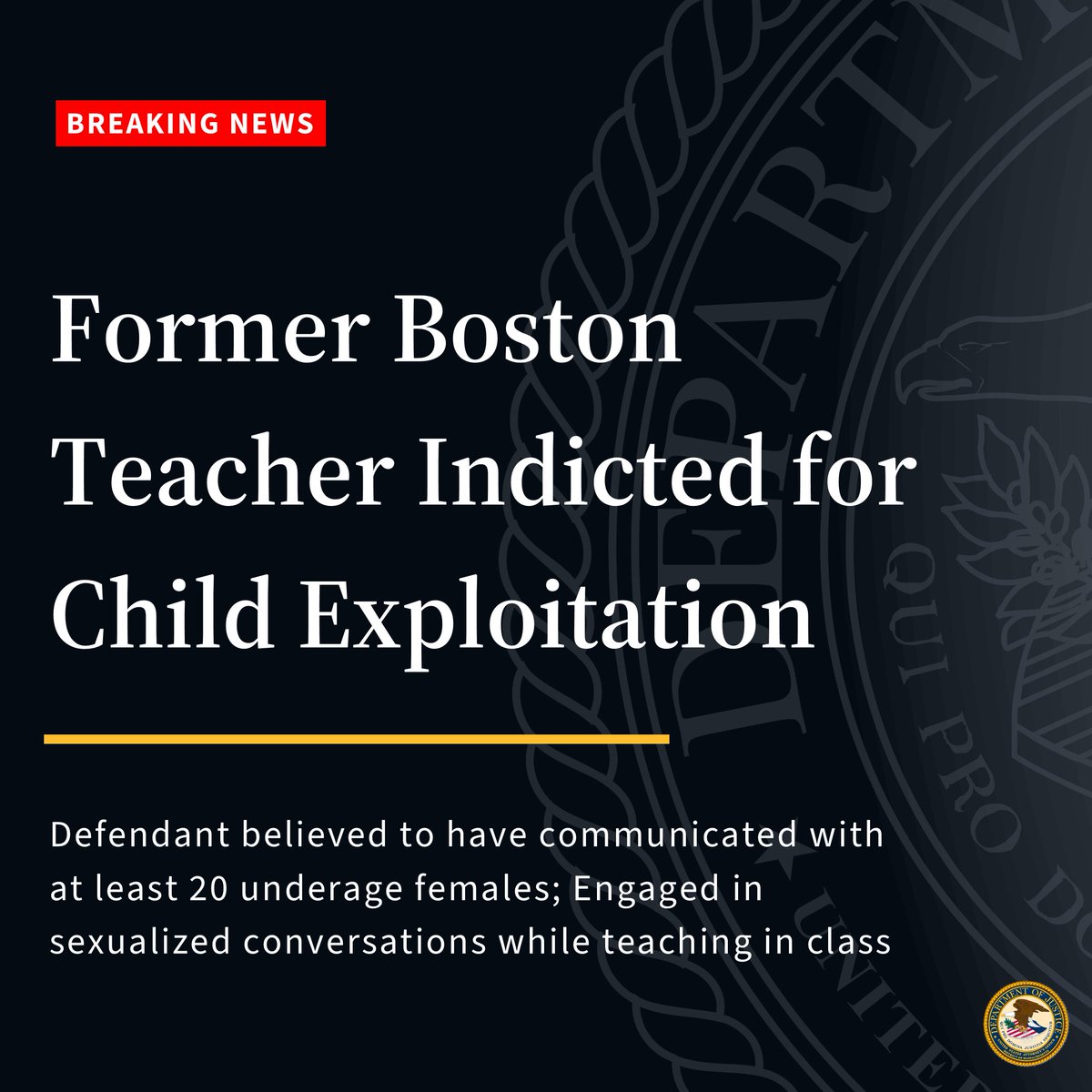 DMAnews1's tweet image. #BREAKING 🚨 Former science teacher at Josiah Quincy Upper School in Boston, who was previously arrested on state charges, has been indicted by a federal grand jury for child exploitation. 🚨
READ: justice.gov/usao-ma/pr/for…