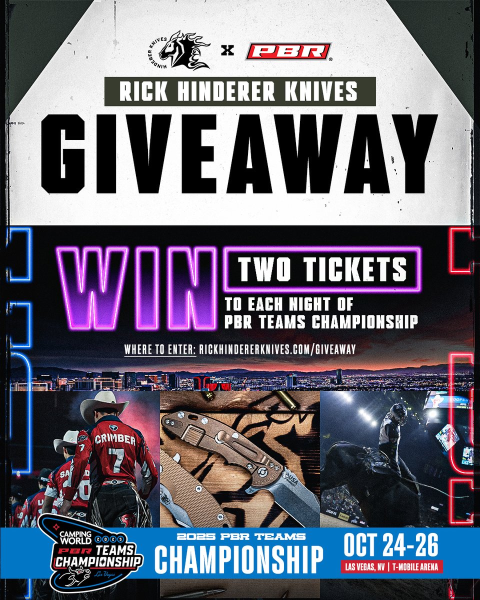 PBR's tweet image. VEGAS. TICKETS. ON. @Hinderer_Knives. π¨
Rick Hinderer Knives is giving YOU the chance to win 2 tickets to each night of the PBR teams championship in LAS VEGAS π°
Enter β‘οΈ bit.ly/3IAArEE
Weβll see you under the lights π€