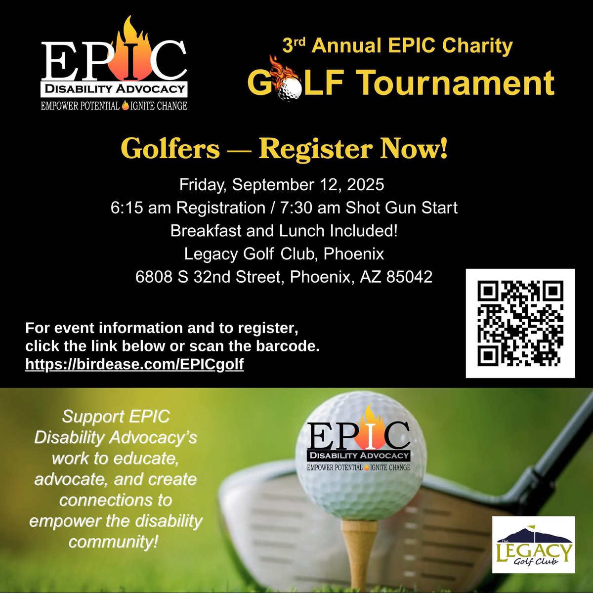 EPICDisability's tweet photo. Join us for the 3rd Annual EPIC Charity Golf Tournament on Sept. 12! Or consider donating to support our mission to educate, advocate and create connections to empower the disability community. https://t.co/YtqTre58O2 https://t.co/5o5FcOds3V