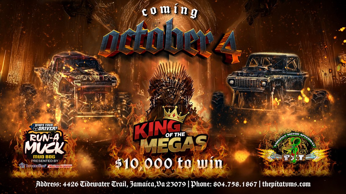 vamotorspeedway's tweet image. big news, and we're
We promised you BIG news, and we're here to deliver it to you! Saturday, October 4, during the WhosYourDriver.org Run A Muck Mud Bog, we will host the King of the Mega's, with a minimum payout of $10K to win. Mark your calendars!