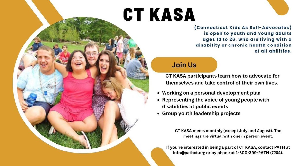 UConnUCEDD (@uconnucedd) on Twitter photo 🌟 CT KASA (Connecticut Kids As Self-Advocates) is open to ages 13-26, who are living with a disability or a chronic health condition. CT KASA focuses on self-advocacy and empowerment!
📅 Virtual, monthly meetings, 7-8 PM
✉️ Contact info@pathct.org or 1-800-399-PATH (7284) 🌟 CT KASA (Connecticut Kids As Self-Advocates) is open to ages 13-26, who are living with a disability or a chronic health condition. CT KASA focuses on self-advocacy and empowerment!
📅 Virtual, monthly meetings, 7-8 PM
✉️ Contact info@pathct.org or 1-800-399-PATH (7284)