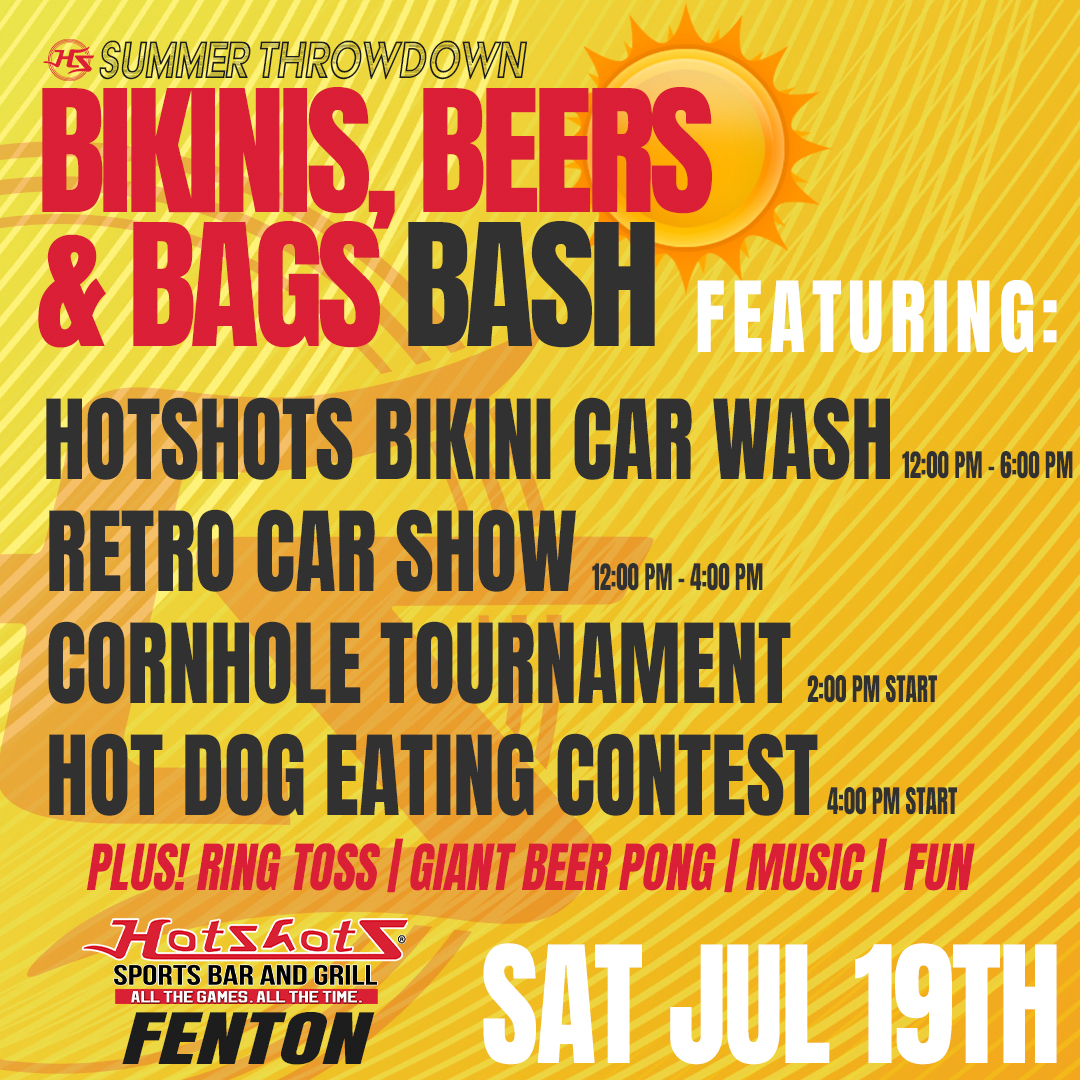 Tomorrow is going to be LIT at Hotshots Fenton! Join us for a full day of fun, 💦 Bikini Car Wash, 🚗 Car Show, 🌭 Hot Dog Eating Contest and plenty more. Party kicks at noon, beers flow all day. Come hang with our crew. #Summer

Get all the info -&gt; bit.ly/4lN1H1g