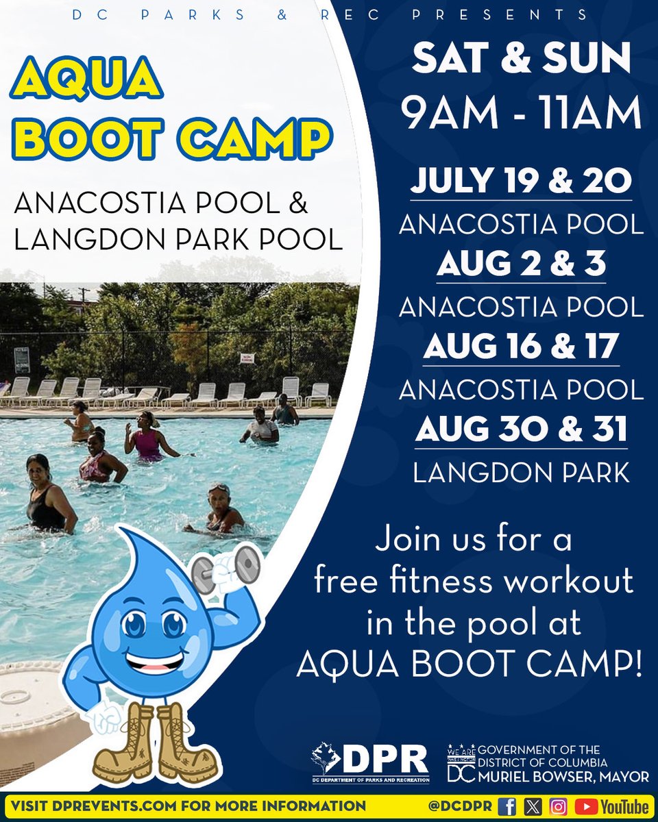 DCDPR's tweet image. STARTING this Sat. and Sun.
๐โ๏ธ SPLASH YOUR WAY TO FITNESS!
DPRโs FREE Aqua Boot Camp:
๐
July 19-20, Aug 2-3, Aug 16-17 @ Anacostia
๐
Aug 30-31 @ Langdon Park
โฐ 9-11AM
โ
All levels | No sign-up
๐ dprevents.com
#WePlayTooMuch