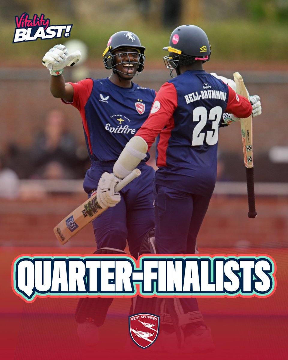 VitalityBlast's tweet image. Durham, Bears, Hampshire Hawks, and Kent Spitfires complete the line-up for the Vitality Blast Men's quarter-finals! ๐
They join Lancashire Lightning, Northamptonshire Steelbacks, Surrey, and Somerset ๐