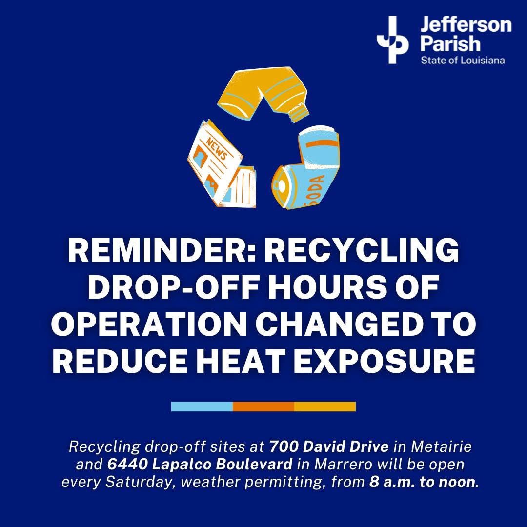 JeffParishGov's tweet image. Jefferson Parish, in partnership with Glass Half Full, is providing free drop-off recycling services every Saturday from 8 a.m. to noon. Those using the sites will be asked to verify JP residence. For more information, visit jeffparish.gov/300/Recycling.