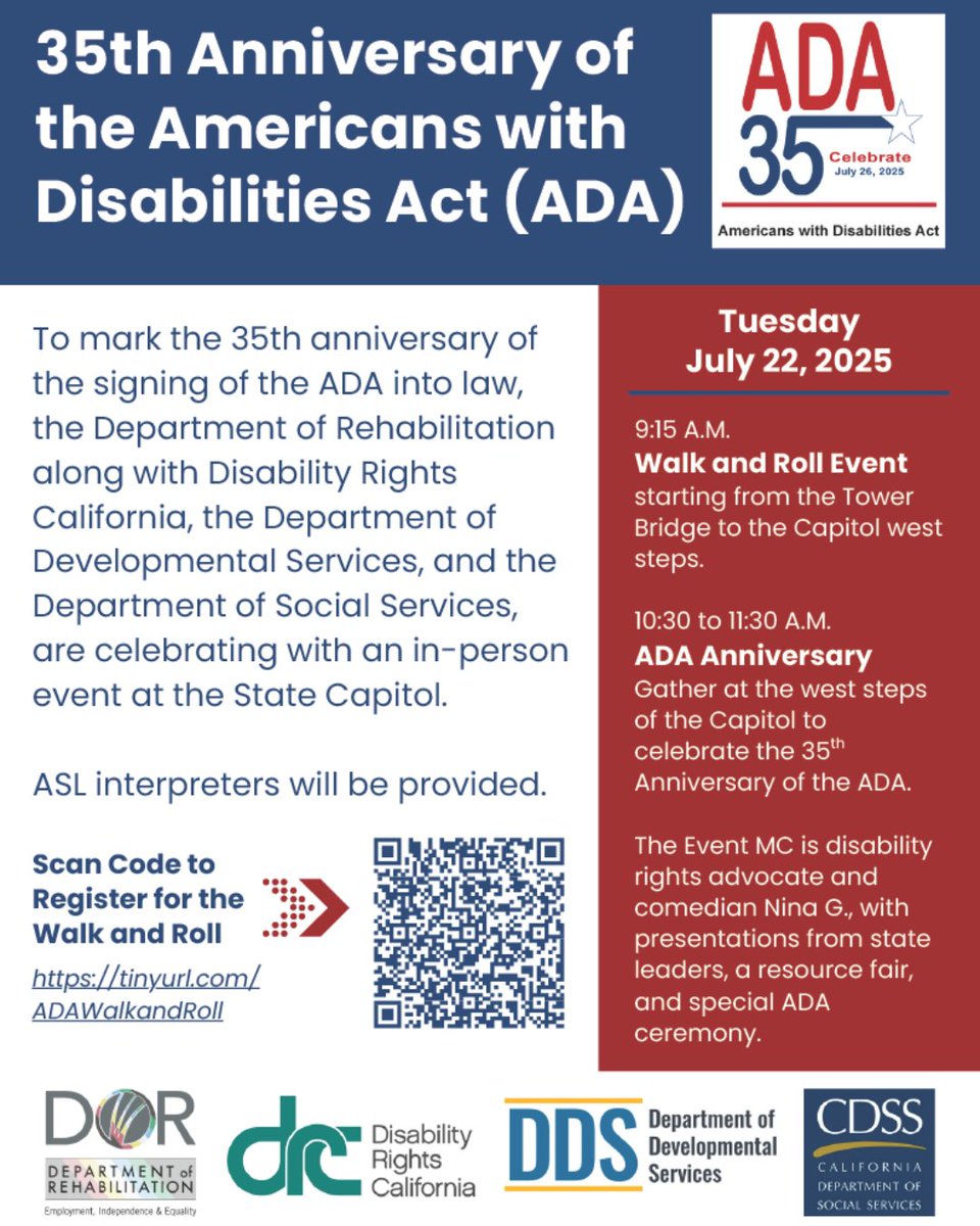 DisabilityCA's tweet image. Tuesday! Join us for a morning at the California Capitol to celebrate the 35th anniversary of the Americans with Disabilities Act (ADA)! DRC is joined by the Department of Rehabilitation (DOR), Department of Developmental Services (DDS), and the California Department of Social…