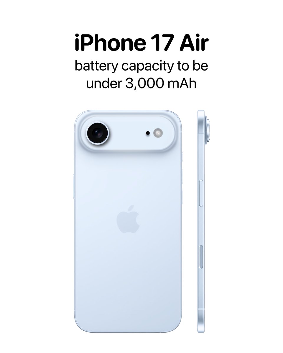 theapplehub's tweet image. The iPhone 17 Air’s battery capacity will reportedly be under 3,000 mAh 🚨
This corroborates a previous report suggesting it will feature a 2,800 mAh battery
Source: Instant Digital (Weibo)
