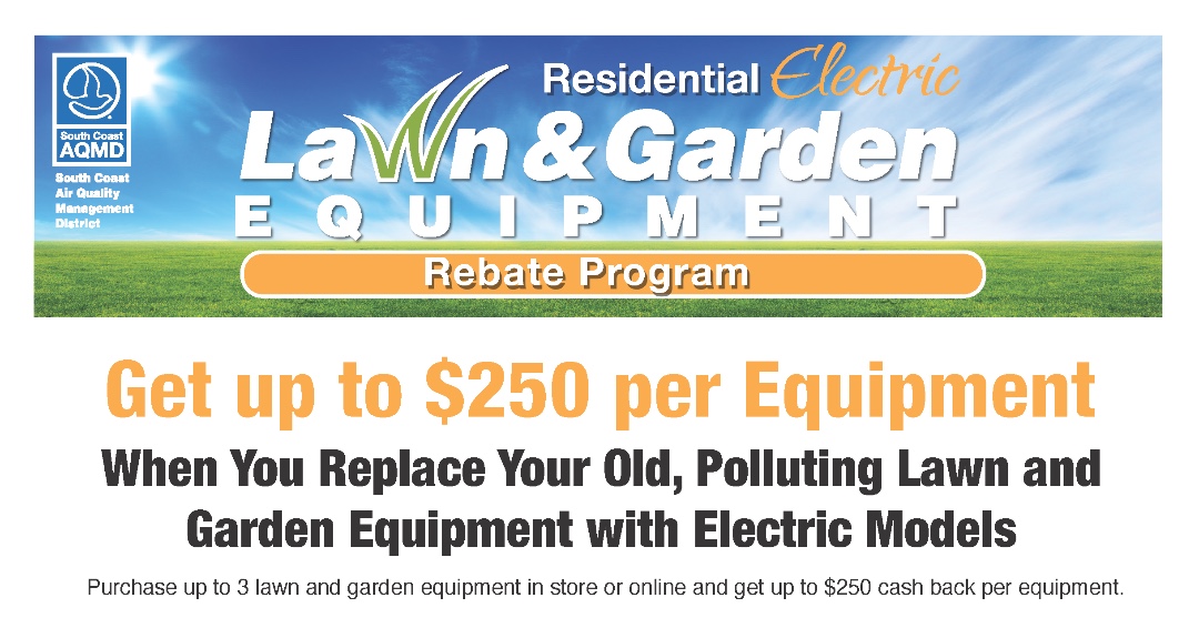 SouthCoastAQMD's tweet image. Clean the air AND save $$$ when you swap out your gas-powered lawn equipment for newer battery-electric models with South Coast AQMD’s Residential Electric Lawn & Garden Equipment Rebate Program! Spread the word to your friends, family, and neighbors: aqmd.gov/lawnmower