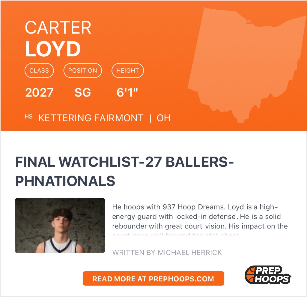 937 Hoop Dreams 2027 (@937hoopdreams27) on Twitter photo Thanks <a href="/DaksHoops/">DAK Hoops</a> for highlighting Carter Loyd for <a href="/PHCircuit/">Prep Hoops Circuit 🏀</a> National Tourney 2027 watchlist <a href="/937HD_AAU/">937 Hoop Dreams - AAU Teams</a> <a href="/FirebirdHoops/">Fairmont Boy’s Basketball</a> <a href="/GWOC/">GWOC Sports</a> <a href="/CoachTrent91/">Coach Trent</a> <a href="/KevinMoses38/">Kevin Moses LLC</a> <a href="/PrepHoopsOH/">Prep Hoops Ohio</a> <a href="/FreshCoastHoops/">Fresh Coast Hoops</a> <a href="/jgilbertsport/">Jonathon Gilbert</a> <a href="/skipweaver65/">Skip Weaver</a>
<a href="/CarterLoyd27/">Carter Loyd</a> Thanks <a href="/DaksHoops/">DAK Hoops</a> for highlighting Carter Loyd for <a href="/PHCircuit/">Prep Hoops Circuit 🏀</a> National Tourney 2027 watchlist <a href="/937HD_AAU/">937 Hoop Dreams - AAU Teams</a> <a href="/FirebirdHoops/">Fairmont Boy’s Basketball</a> <a href="/GWOC/">GWOC Sports</a> <a href="/CoachTrent91/">Coach Trent</a> <a href="/KevinMoses38/">Kevin Moses LLC</a> <a href="/PrepHoopsOH/">Prep Hoops Ohio</a> <a href="/FreshCoastHoops/">Fresh Coast Hoops</a> <a href="/jgilbertsport/">Jonathon Gilbert</a> <a href="/skipweaver65/">Skip Weaver</a>
<a href="/CarterLoyd27/">Carter Loyd</a>