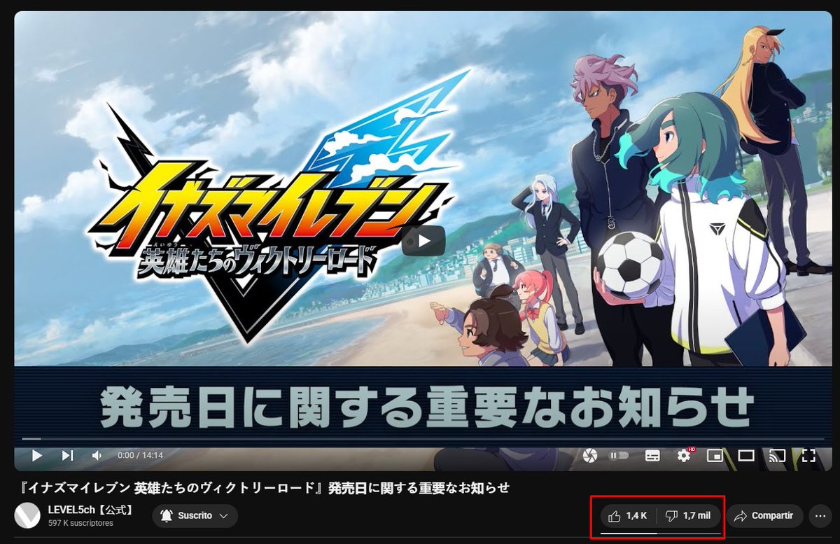 ShinAngelico's tweet image. El nuevo tráiler/gameplay anunciando el retraso de Inazuma Eleven Victory Road tiene más dislikes que likes.
Os quiero mucho