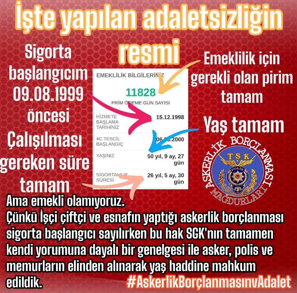 <a href="/turgaydemirr/">Turgay Demir🇹🇷</a> ASKERLİK BORÇLANMASINDA çok büyük HAKSIZLIK var.

Polisler👮 olarak sesimizi duyurmaya çalışıyoruz.

DEVLET BÜYÜKLERİMİZE SESLENİYORUZ
LÜTFEN SESİMİZİ DUYUN.

ARTIK MAĞDURİYETİMİZ ÇÖZÜLSÜN....
<a href="/RTErdogan/">Recep Tayyip Erdoğan</a>
<a href="/dbdevletbahceli/">Devlet Bahçeli</a>
<a href="/Akparti/">AK Parti</a>
<a href="/MHP_Bilgi/">MHP</a>
#EmniyetEkside