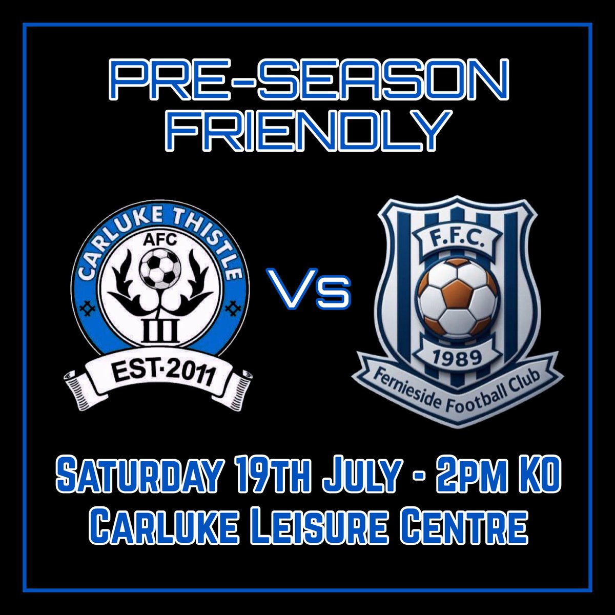 Carluke Thistle AFC (@carlukethistle1) on Twitter photo 🏆 Friendly
📆 Sat 19th July
⚽ v <a href="/FerniesideAmsFC/">Fernieside AFC</a>
🏟 Carluke Leisure Centre (Astro)
⏰ 14:00 K.O
Another tough test for the boys as we welcome Fernieside to Carluke. #MTT 🔵🔴
<a href="/scottish_aff/">AmateurFixturesResultsSCO</a> <a href="/ScotAmFA/">Scottish Amateur FA</a> <a href="/scotfootfixs/">Scottish Football Fixtures</a> <a href="/AmmiesFitba/">Ammie’s Fitba</a> <a href="/ftsc0res/">fulltimesc0res</a> <a href="/FitbaLeagues/">The Fitba Leagues</a> <a href="/L1veAtTheAmmys/">Live At The Ammys</a> <a href="/GGPAFL/">Greater Glasgow Premier AFL</a> 🏆 Friendly
📆 Sat 19th July
⚽ v <a href="/FerniesideAmsFC/">Fernieside AFC</a>
🏟 Carluke Leisure Centre (Astro)
⏰ 14:00 K.O
Another tough test for the boys as we welcome Fernieside to Carluke. #MTT 🔵🔴
<a href="/scottish_aff/">AmateurFixturesResultsSCO</a> <a href="/ScotAmFA/">Scottish Amateur FA</a> <a href="/scotfootfixs/">Scottish Football Fixtures</a> <a href="/AmmiesFitba/">Ammie’s Fitba</a> <a href="/ftsc0res/">fulltimesc0res</a> <a href="/FitbaLeagues/">The Fitba Leagues</a> <a href="/L1veAtTheAmmys/">Live At The Ammys</a> <a href="/GGPAFL/">Greater Glasgow Premier AFL</a>