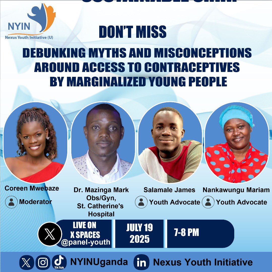 panel_youth's tweet photo. Join us with @NYINUganda live on X Space for conversations about misconceptions around contraceptives. Be part of the discussion, share your thoughts, and connect with other young people . https://t.co/jvAV8W9CGC