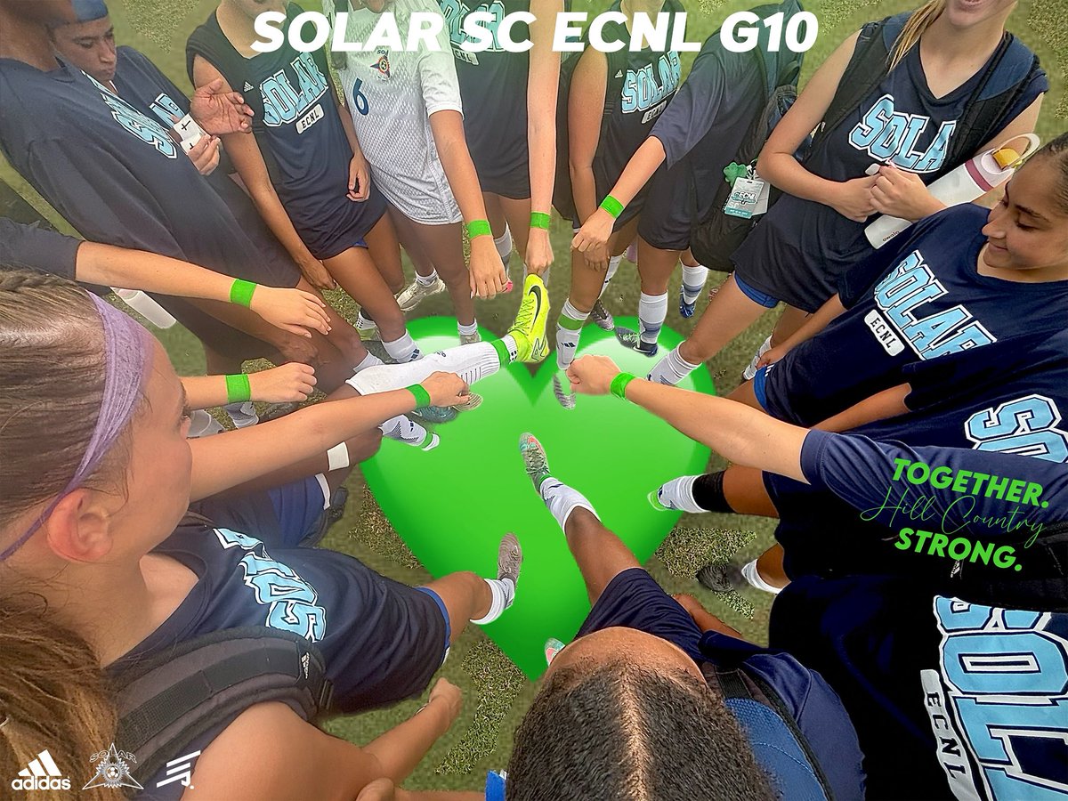 Together on the field and in spirit 💚 The Solar SC ECNL G10 team is proudly wearing green tape during ECNL Nationals in Richmond, VA to show support for the Hill Country flood victims. #StrongerTogether #ECNLNationals #SolarSC #SolarNation 💙🩵 #HillCountryStrong