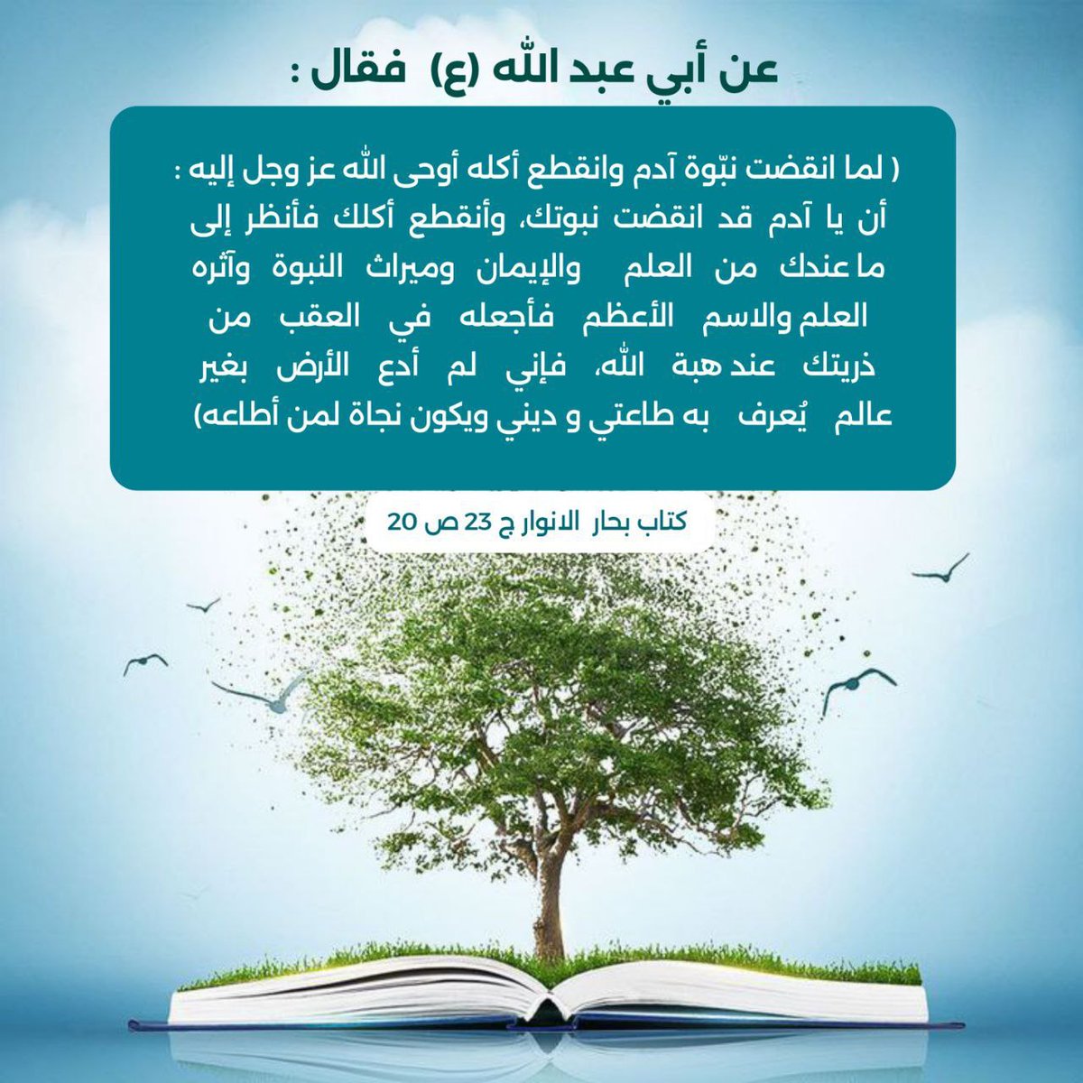 لما انقضت نبّوة آدم وانقطع أكله أوحى الله عز وجل إليه : أن يا آدم قد انقضت نبوتك، وأنقطع أكلك فأنظر إلى ما عندك من العلم  والإيمان وميراث النبوة ... في العقب من ذريتك عند هبة الله.