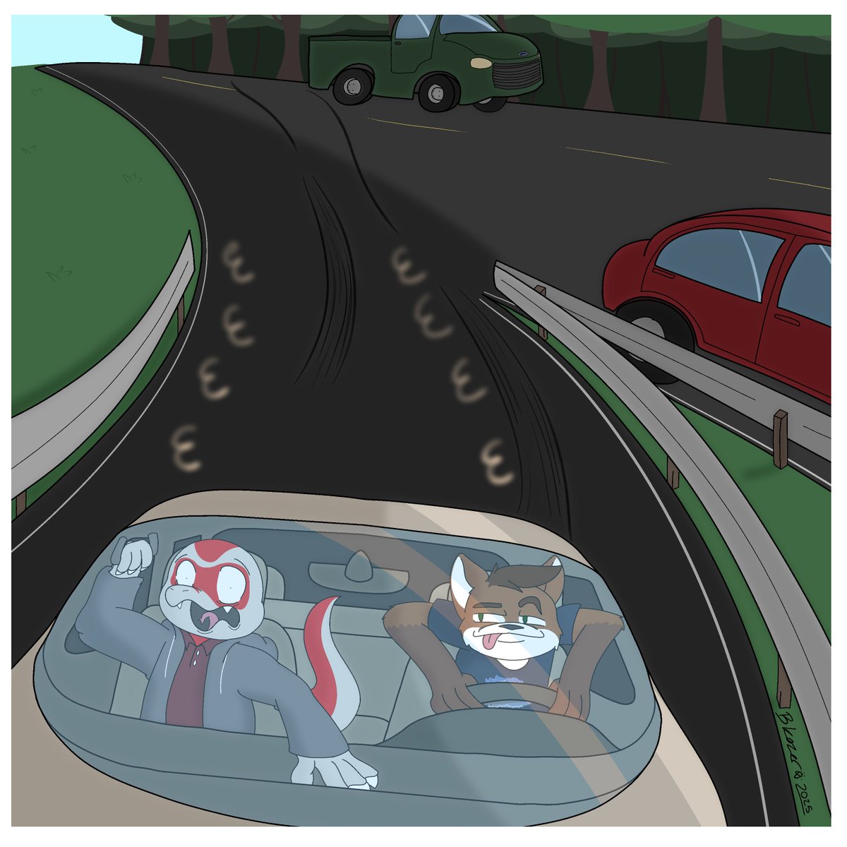 B_Kozer's tweet image. "WHAT'RE YOU DOING?"
A commission for @cyfolf and @Aziel_Lizord, showcasing a irl event where Cy shows off his California license to passing drivers.
Thank you for the support guys!