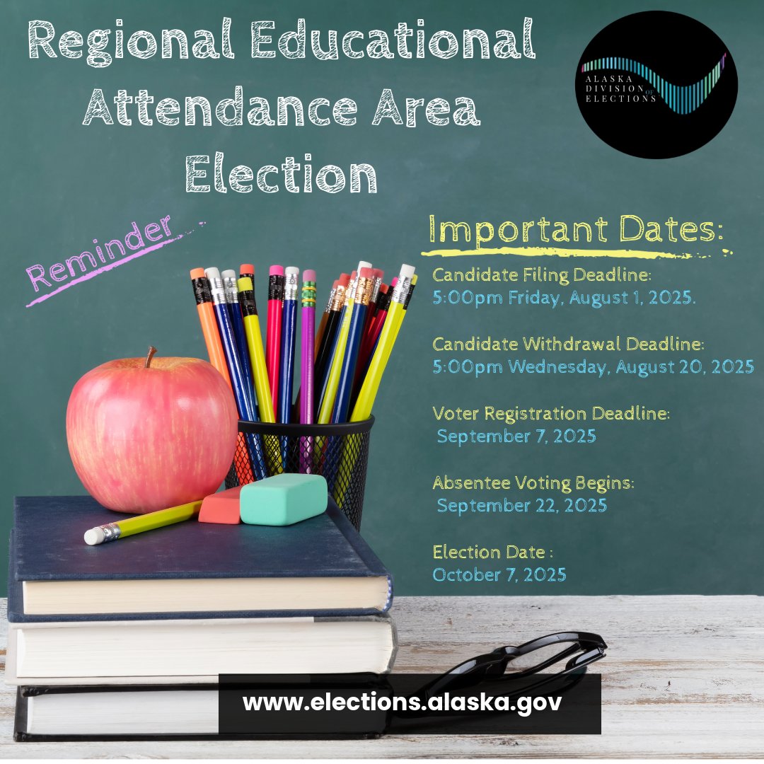 #reminder There is a REAA Election scheduled for October 7, 2025, but there are some important dates coming up. You can see the current candidate filings at: bit.ly/4nFHfRu
#Alaska #education