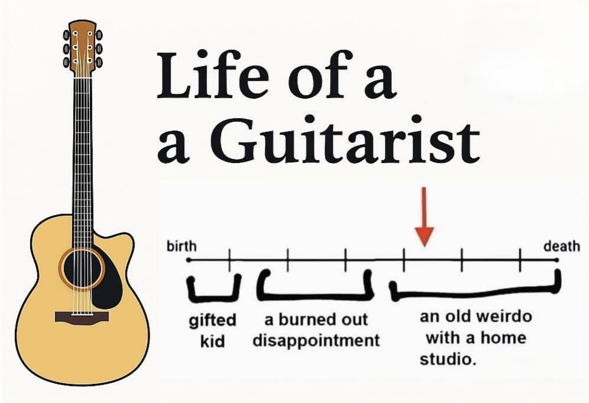 Cody_Shreds's tweet image. Guitarist evolution in three stages: child prodigy, shattered dreams, and finally… a reverb-obsessed cryptid lurking in a home studio. 🤣
