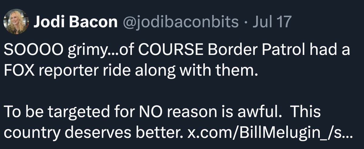 Julio Rosas (@julio_rosas11) on Twitter photo "News producer" deletes her post where she takes issue with...a reporter, <a href="/BillMelugin_/">Bill Melugin</a>, reporting on a Border Patrol operation. "News producer" deletes her post where she takes issue with...a reporter, <a href="/BillMelugin_/">Bill Melugin</a>, reporting on a Border Patrol operation.
