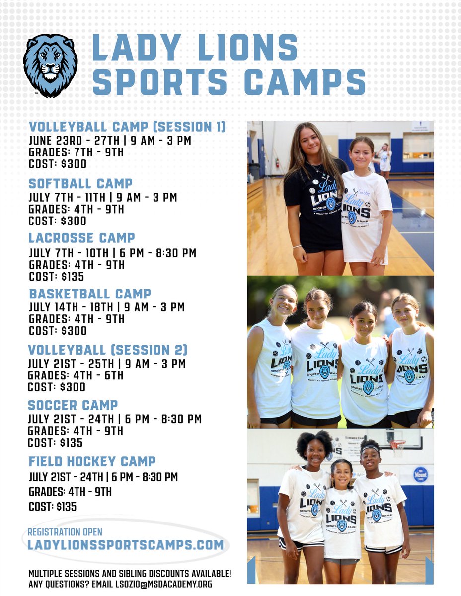 MSDA Lions Athletics (@msda_lions) on Twitter photo Lady Lions Sports Camps has availability next week for Volleyball Camo ( Grades 4 thru 6 ) and Soccer Camp.  Registration Link below
ladylionssportscamps.com Lady Lions Sports Camps has availability next week for Volleyball Camo ( Grades 4 thru 6 ) and Soccer Camp.  Registration Link below
ladylionssportscamps.com