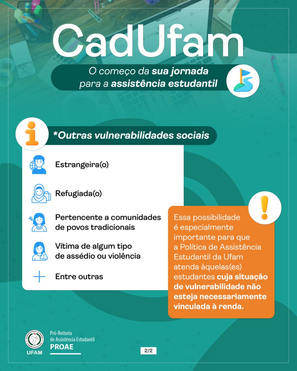 Atenção❗ Pretende ter acesso à assistência estudantil na Ufam? Cadastre-se o quanto antes no CadUfam!

Para mais informações acesse: proae.ufam.edu.br/cadufam