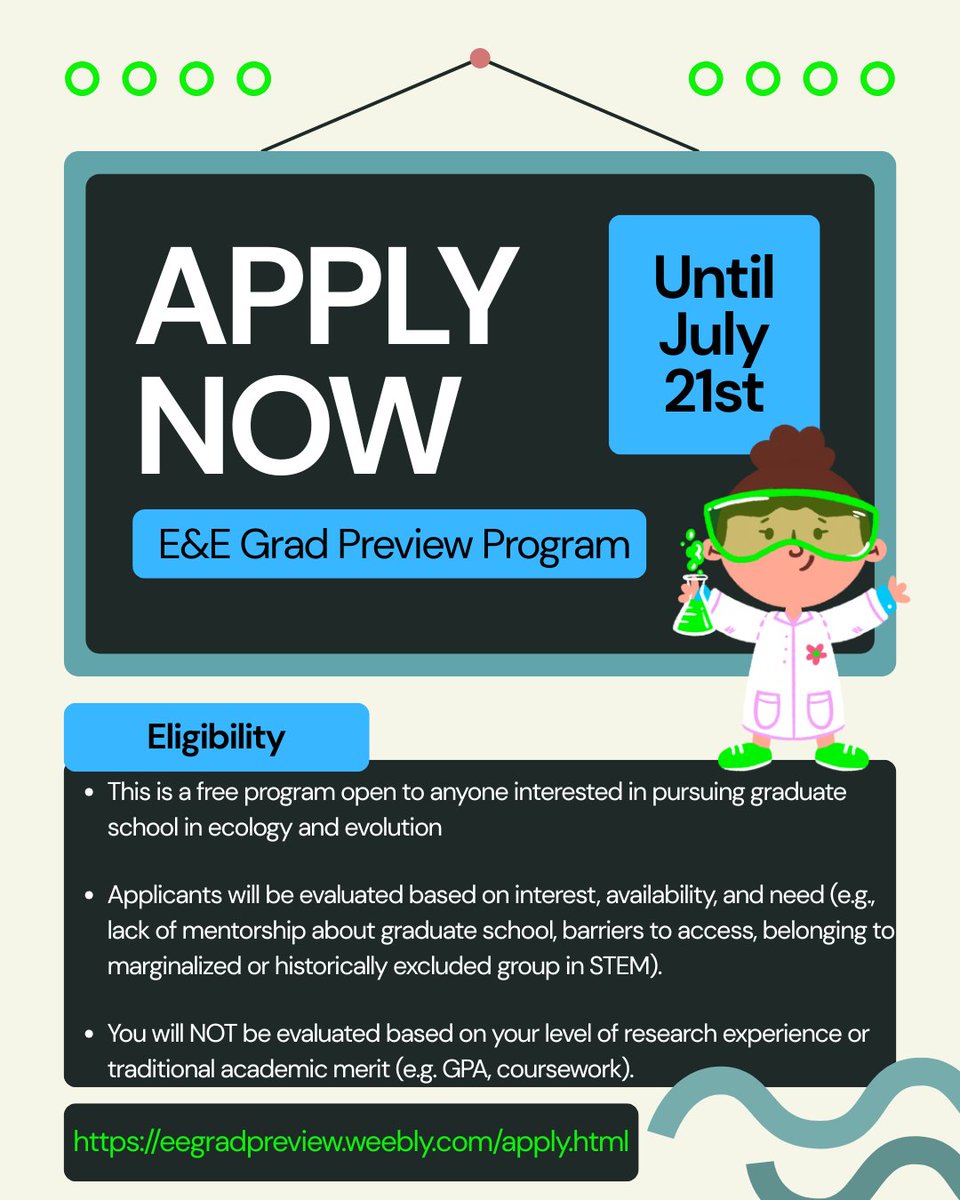 eegradpreview's tweet image. The 2025 #Evolution & #Ecology #Grad Preview Program is a great way for #prospective grad students to learn about grad school!
Gain one-on-one mentorship and learn how to write application statements!
Program dates: August 18th, 21st, 25th, & 28th
#phd