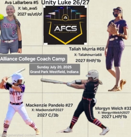 Ava LaBarbera (@lab_ava5) on Twitter photo Looking forward to Alliance College Camp in Indiana with my girls <a href="/UnityLuke2627/">Unity Luke 26/27</a>
<a href="/Meg_Hill22/">Megan Hill</a>
<a href="/Coach_A_Mo/">coacн мoraleѕ</a> <a href="/CoachZack21/">Zack Parsons</a>
<a href="/PeytonElzey11/">Peyton Elzey</a>
<a href="/CoachBallMalone/">Cindy Ball-Malone</a> <a href="/Coach_AT/">Aric Thomas</a> <a href="/CoachMalveaux/">Chris Malveaux</a>
<a href="/UACoachMurphy/">Patrick Murphy</a> <a href="/c_lyon22/">Corey Lyon</a>
<a href="/ashleychastain/">Ashley Chastain Woodard</a> <a href="/Coach_pooch/">Mike “Pooch” Perniciaro</a> Looking forward to Alliance College Camp in Indiana with my girls <a href="/UnityLuke2627/">Unity Luke 26/27</a>
<a href="/Meg_Hill22/">Megan Hill</a>
<a href="/Coach_A_Mo/">coacн мoraleѕ</a> <a href="/CoachZack21/">Zack Parsons</a>
<a href="/PeytonElzey11/">Peyton Elzey</a>
<a href="/CoachBallMalone/">Cindy Ball-Malone</a> <a href="/Coach_AT/">Aric Thomas</a> <a href="/CoachMalveaux/">Chris Malveaux</a>
<a href="/UACoachMurphy/">Patrick Murphy</a> <a href="/c_lyon22/">Corey Lyon</a>
<a href="/ashleychastain/">Ashley Chastain Woodard</a> <a href="/Coach_pooch/">Mike “Pooch” Perniciaro</a>