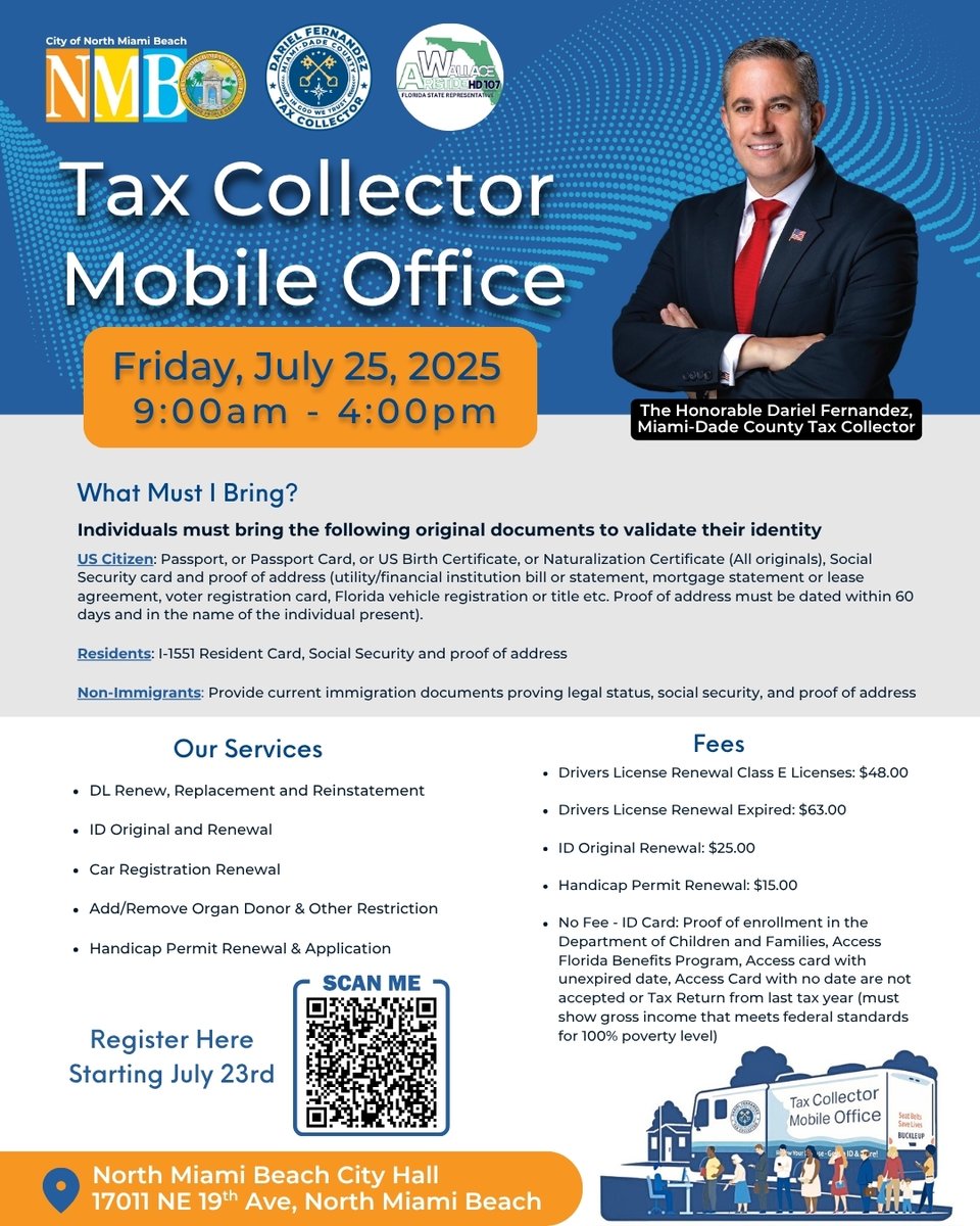 CityNMB's tweet image. The Tax Collector’s Mobile Office will be in North Miami Beach on Friday, July 25, 2025, from 9 AM to 4 PM offering services like driver’s license renewals, ID cards, vehicle registration, and more
Registration opens July 23. Reserve your spot:
eventbrite.com/e/city-north-m…