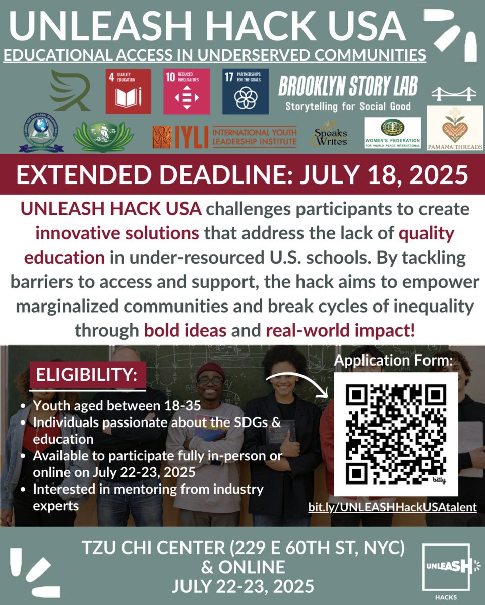 🚨 Deadline Extended to July 18!
Passionate about rethinking edu. access in the US? Join #UNLEASHHackUSA (Jul 22–23, NYC &amp; online) to co-create real solutions for underserved communities
Apply now 👉 bit.ly/UNLEASHHackUSA…
🔗 More info: unleash.org | #SDGs #HLPF2025