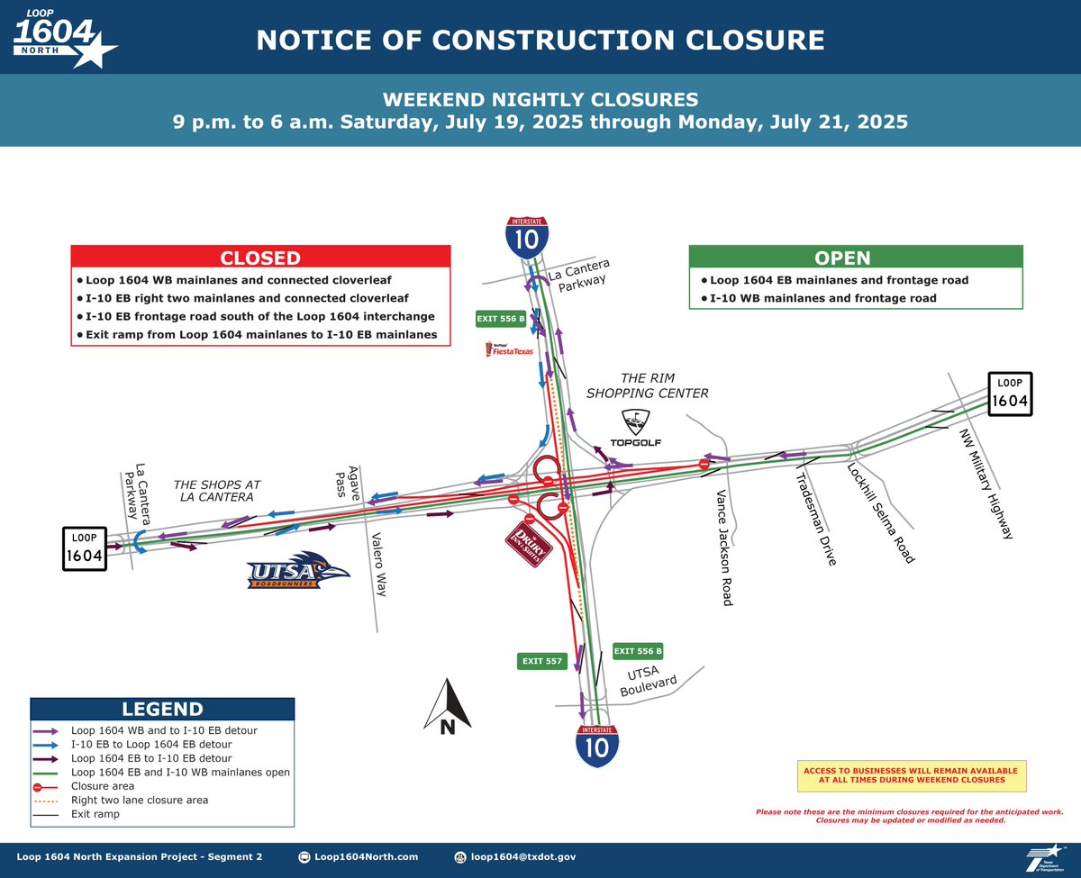 TxDOTSanAntonio's tweet image. WEEKEND CONSTRUCTION: Loop 1604 closures planned from Blanco Rd. to I-10. Traffic impacts limited to overnight and Saturday. All lanes open at interchange on Saturday 3PM to 9 PM and Sunday 6 AM to 9 PM.
Details ➡️ bit.ly/3Iuk5O2
Subscribe➡️ Loop1604North.com
