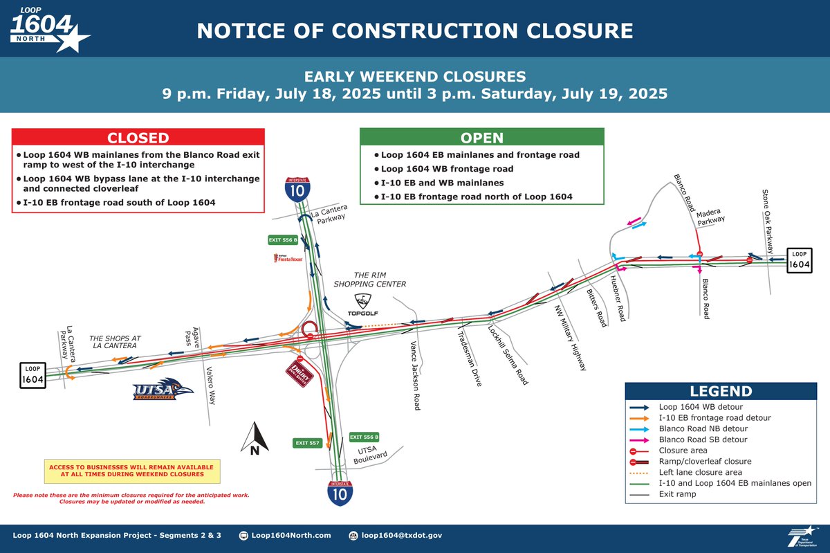 TxDOTSanAntonio's tweet image. WEEKEND CONSTRUCTION: Loop 1604 closures planned from Blanco Rd. to I-10. Traffic impacts limited to overnight and Saturday. All lanes open at interchange on Saturday 3PM to 9 PM and Sunday 6 AM to 9 PM.
Details ➡️ bit.ly/3Iuk5O2
Subscribe➡️ Loop1604North.com