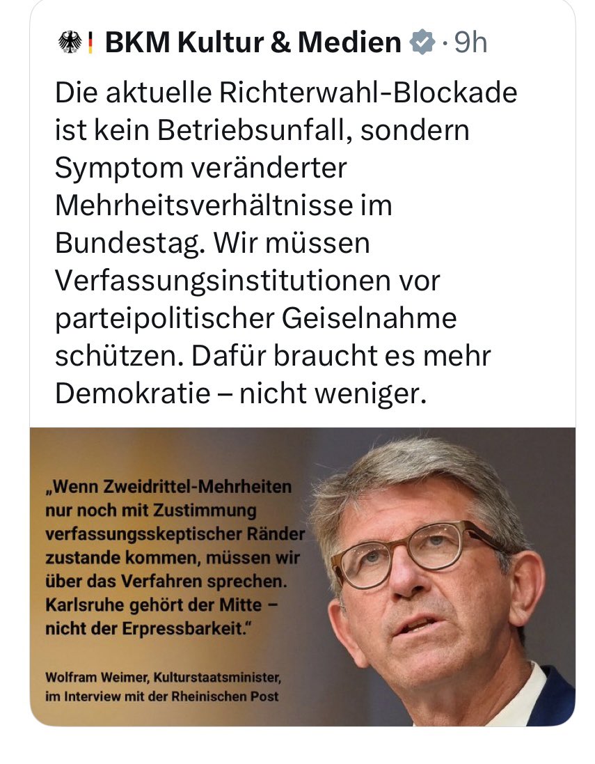 „Karlsruhe gehört der Mitte.“ Oder doch gleich der Regierungsmehrheit? - Da hat jemand pluralistische Demokratie nicht verstanden. Mit der „Mitte“ hat all das rein gar nichts mehr zu tun. Von „bürgerlichen Tugenden“ wie Anstand&amp;Verlässlichkeit ganz zu schweigen. #BrosiusGersdorf