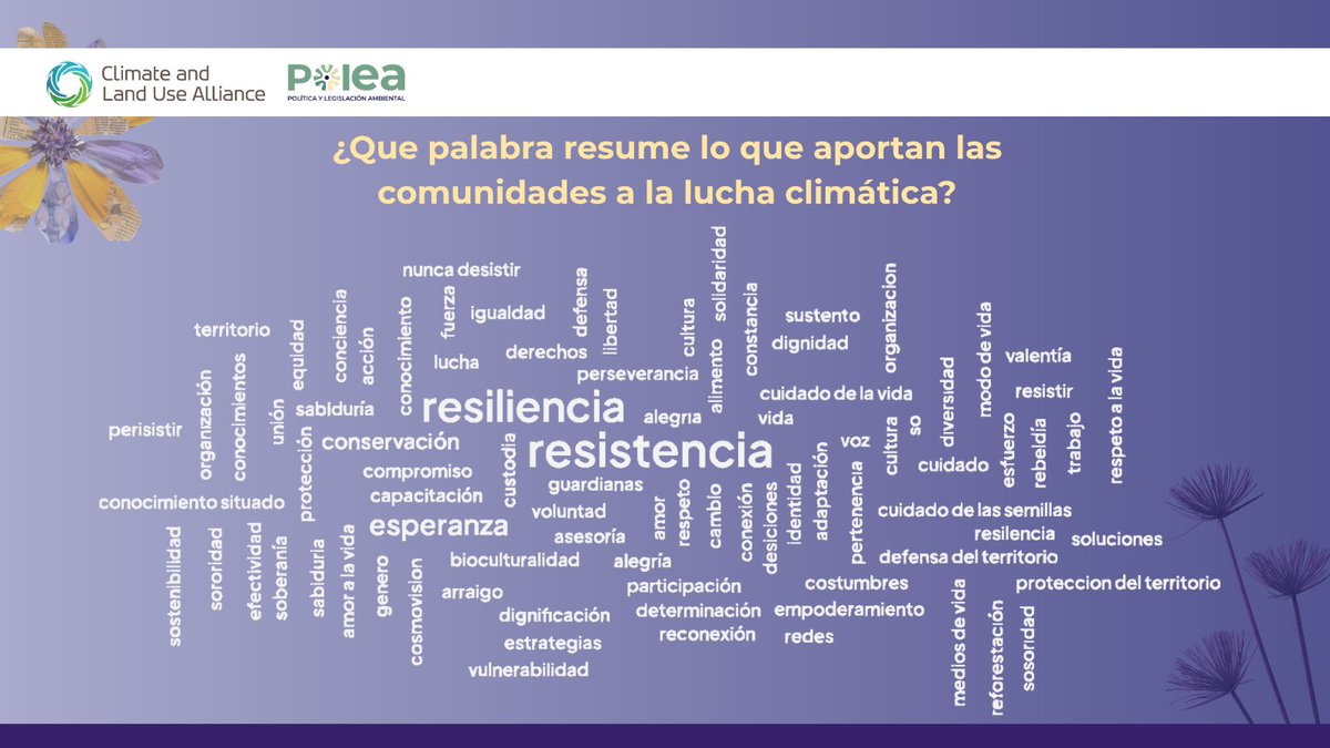 💜✊Qué palabra resume lo que aportan las #comunidades a la lucha climática❓
Esta fue la pregunta con la que cerramos nuestro TALLER "Diálogos con #Mujeres. Territorios Resilientes: Soluciones comunitarias frente al #cambioclimático".