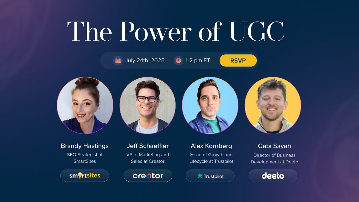 SmartSites (@smartsitesnj) on Twitter photo UGC is a proven way to boost SEO, build trust, and scale your brand.
Join us for The Power of UGC webinar on July 24 at 1PM ET with experts from SmartSites, <a href="/Trustpilot/">Trustpilot</a>, Creator.co, and Deeto.
🔗 smartsites.com/the-power-of-u…
#Webinar #SmartSites UGC is a proven way to boost SEO, build trust, and scale your brand.
Join us for The Power of UGC webinar on July 24 at 1PM ET with experts from SmartSites, <a href="/Trustpilot/">Trustpilot</a>, Creator.co, and Deeto.
🔗 smartsites.com/the-power-of-u…
#Webinar #SmartSites
