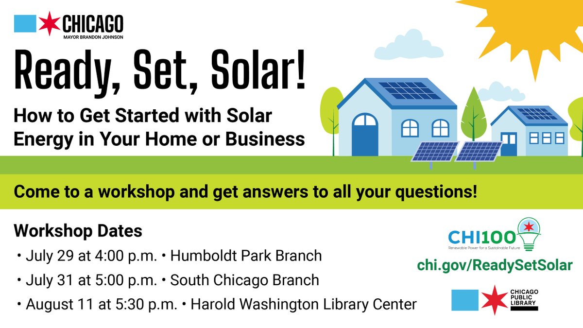 chipublib's tweet image. City of Chicago just announced solar panels at South Chicago and Humboldt Park library branches through the #Chi100 initiative. Want to learn how solar can work for you? Join a free workshop: chi.gov/ReadySetSolar
#ReadySetSolar #Chi100