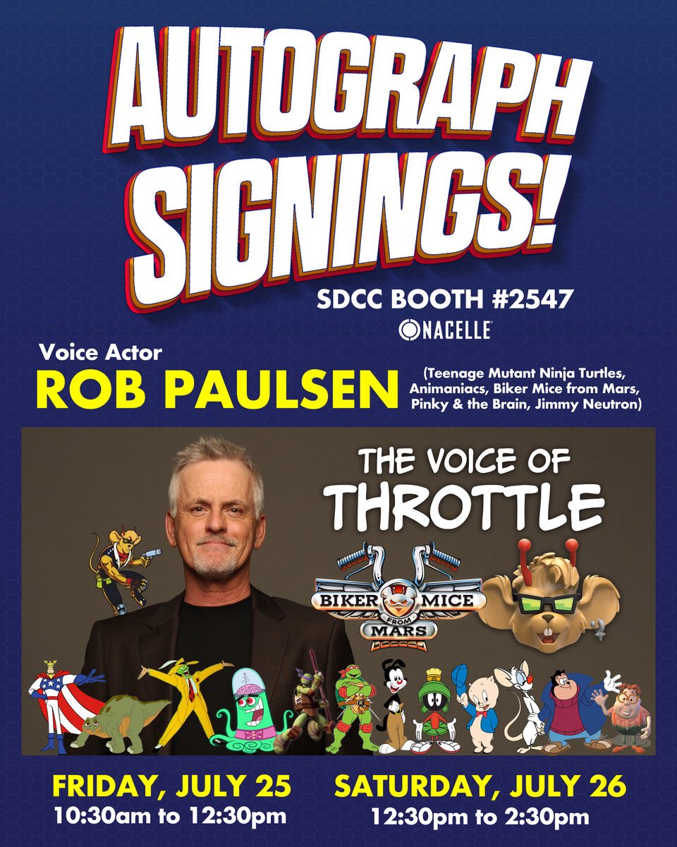 toysthatmadeus's tweet image. @yakkopinky the voice of Throttle in the original Biker Mice from Mars animated series will be signing at the @nacellecompany booth 2547 at San Diego @comic_con Friday and Saturday! Get your Biker Mice exclusives signed, and meet one of the all-time great voice over actors! #SDCC