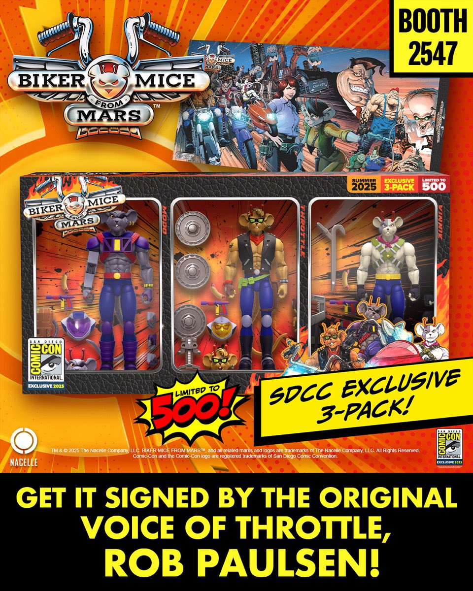 toysthatmadeus's tweet image. @yakkopinky the voice of Throttle in the original Biker Mice from Mars animated series will be signing at the @nacellecompany booth 2547 at San Diego @comic_con Friday and Saturday! Get your Biker Mice exclusives signed, and meet one of the all-time great voice over actors! #SDCC