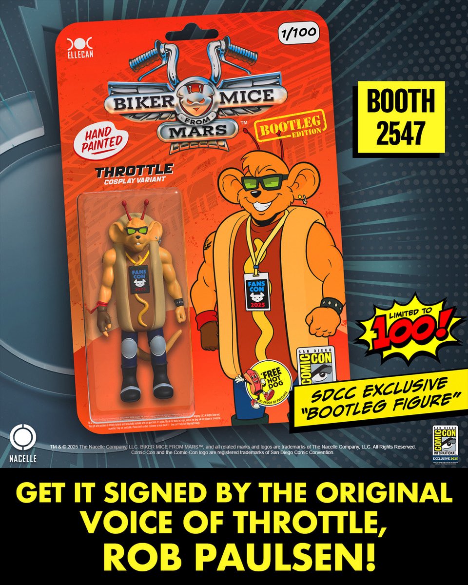 toysthatmadeus's tweet image. @yakkopinky the voice of Throttle in the original Biker Mice from Mars animated series will be signing at the @nacellecompany booth 2547 at San Diego @comic_con Friday and Saturday! Get your Biker Mice exclusives signed, and meet one of the all-time great voice over actors! #SDCC