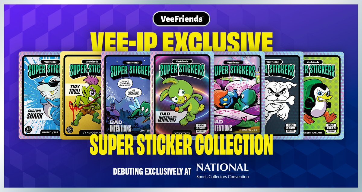 veefriends's tweet image. Let's end the week with a bang. It's time to unveil the full details of:
✅ VeeFriends at @nsccshow 2025
✅ A NEW NSCC VIP Exclusive Super Sticker Collection
✅ @Topps VeeFriends Chrome 2025 Sapphire Edition & how you could get a box for a crazy price
Details in 🧵