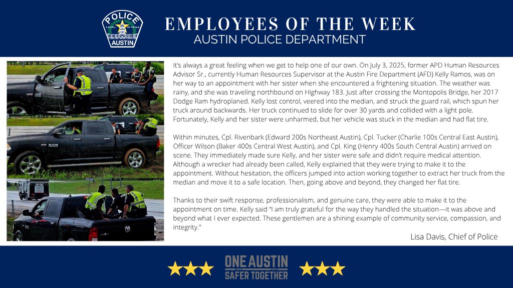 APDChiefDavis's tweet image. I’m pleased to announce Cpl. Rivenbark, Cpl. Tucker, Cpl. King, & Officer Wilson as our Employees of the Week. Law Enforcement is truly a family, and these officers showed that with their swift actions to help one of our very own in horrendous weather. Thank you for your service!