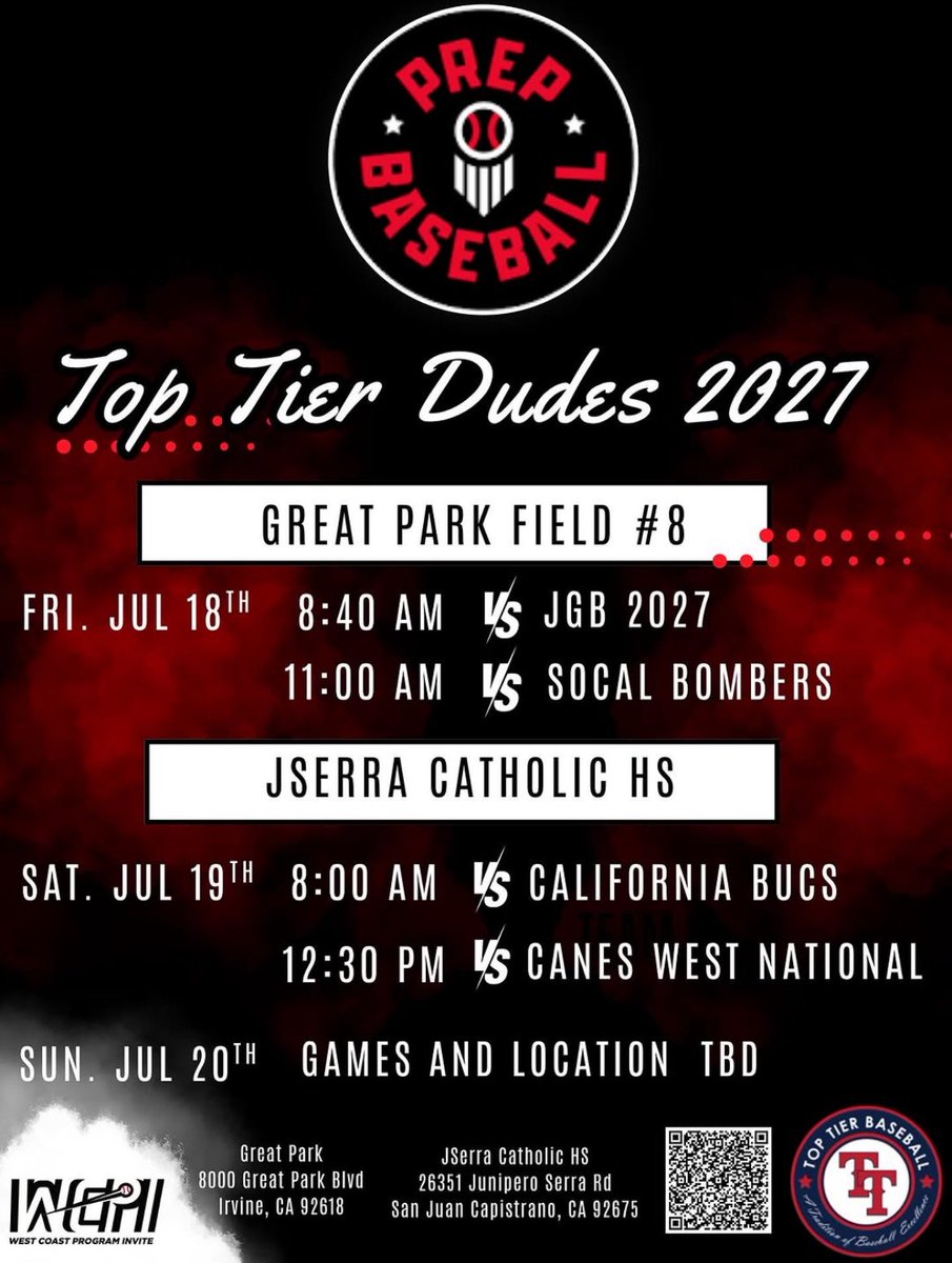 I will be pitching Saturday, July 19th @ JSerra Catholic at 12:30 pm with <a href="/tier_cal/">TopTierNorCal</a> 

<a href="/hardy03bsbl/">Steven Hardesty</a> <a href="/SorryBoutIt10/">Kevin Vance</a> <a href="/MillerGrady8/">Grady Miller</a> <a href="/UACoachHale/">Chip Hale</a> <a href="/abealvarez17/">Abe Alvarez</a> <a href="/CoachWazUO/">Mark Wasikowski</a> <a href="/GrantKukuk/">Grant Kukuk</a> <a href="/seth_mo/">Seth Moir</a> <a href="/Kzune24UH/">Keith Zuniga</a>