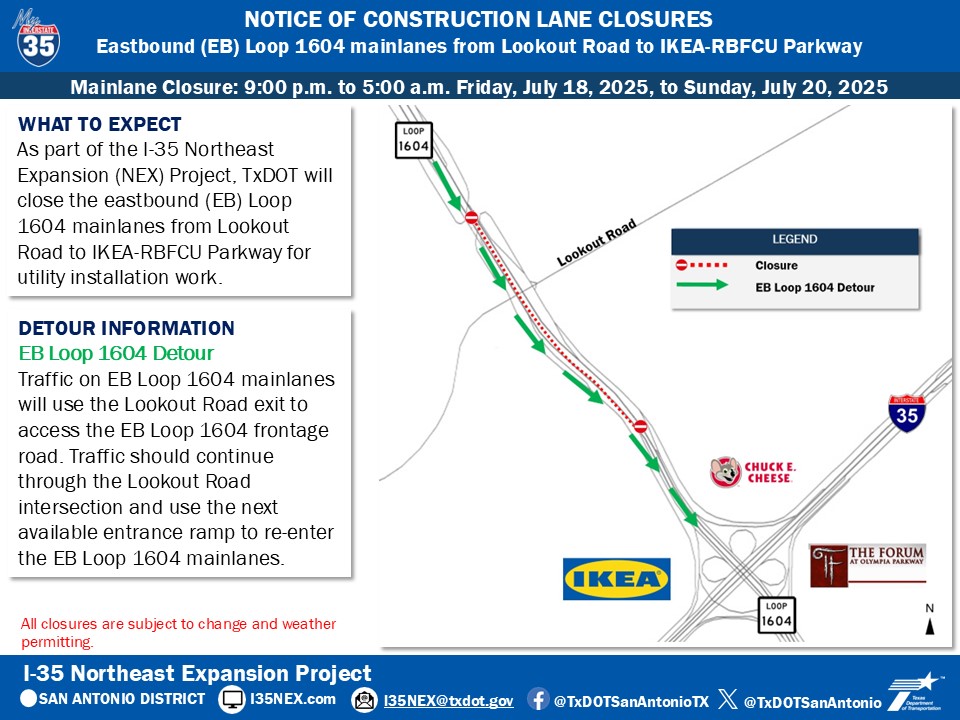 TxDOTSanAntonio's tweet image. WEEKEND CLOSURE: The eastbound Loop 1604 mainlanes from Lookout Road to IKEA-RBFCU Parkway will be closed for utility installation work.
The closure is scheduled for 9 p.m. to 5 a.m. Friday, July 18, 2025, to Sunday, July 20, 2025.