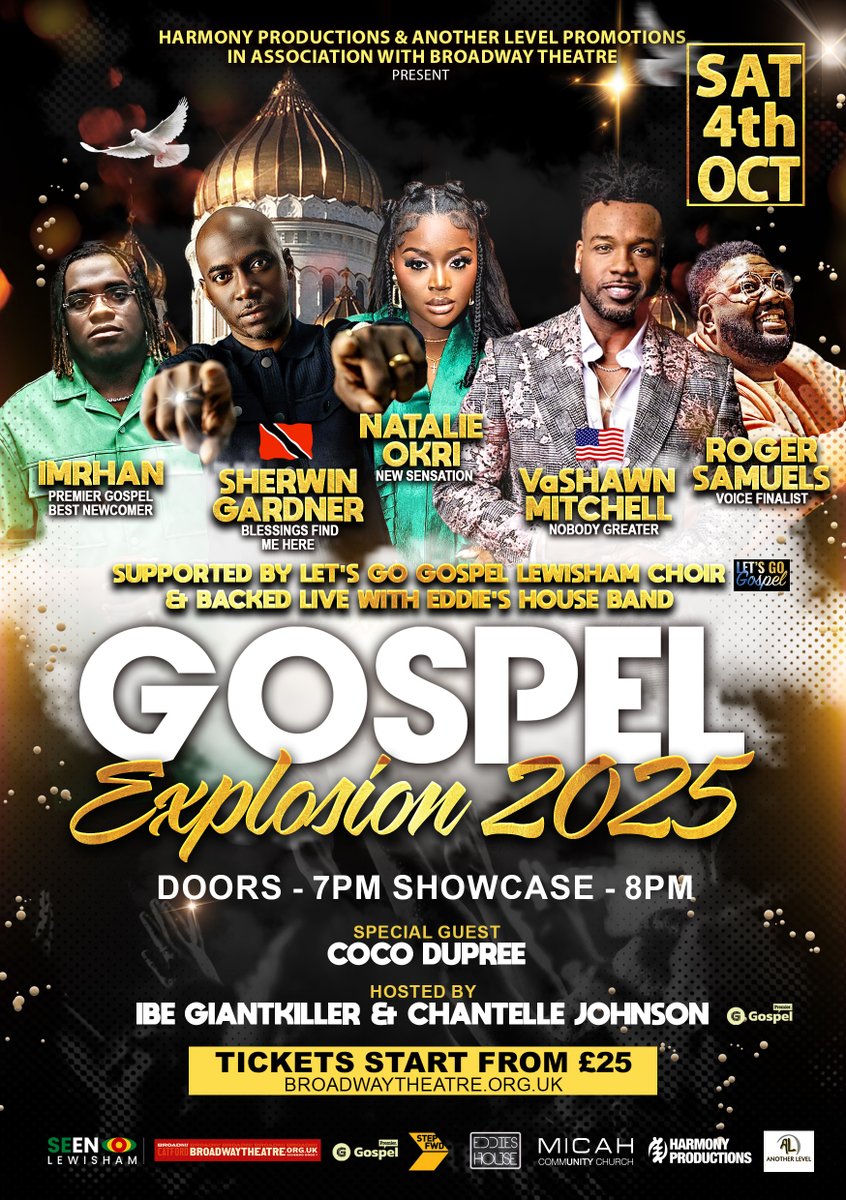 A Step FWD (@astepfwd) on Twitter photo Gospel Explosion 2025 at Broadway Theatre!
<a href="/sherwingardner/">Sherwin Gardner</a> , <a href="/VaShawnMitchell/">VaShawn Mitchell</a>, <a href="/natalieokri_/">Natalie Okri</a> , <a href="/RogerSamuels/">Roger Samuels</a> , Imrhan โ all backed by Eddieโs House Band and Letโs GoGospel Lewisham Choir.
Hosted by <a href="/Ibegiantkiller/">Giant Killer</a> & Chantelle Johnson, w/ special guest from <a href="/OFCLCocoDupree/">Coco Dupree</a>. Gospel Explosion 2025 at Broadway Theatre!
<a href="/sherwingardner/">Sherwin Gardner</a> , <a href="/VaShawnMitchell/">VaShawn Mitchell</a>, <a href="/natalieokri_/">Natalie Okri</a> , <a href="/RogerSamuels/">Roger Samuels</a> , Imrhan โ all backed by Eddieโs House Band and Letโs GoGospel Lewisham Choir.
Hosted by <a href="/Ibegiantkiller/">Giant Killer</a> & Chantelle Johnson, w/ special guest from <a href="/OFCLCocoDupree/">Coco Dupree</a>.